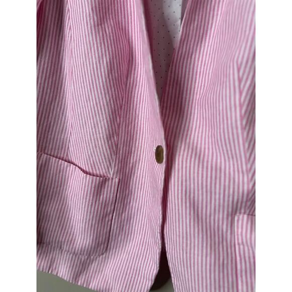 Talbots Aberdeen Linen Blend Blazer Pink White Striped Size 16W Office Coastal - Picture 2 of 9